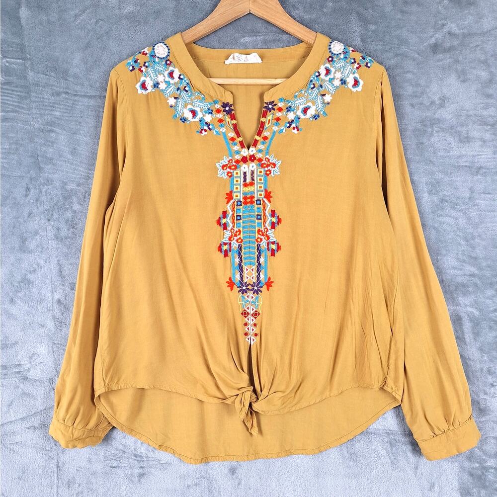 Womens Top Medium Boho Chic Peasant Hippie Floral Embroidered Cottagecore Gold